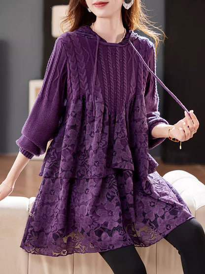 Women's Hooded Lace Trim Long Sleeve Sweater