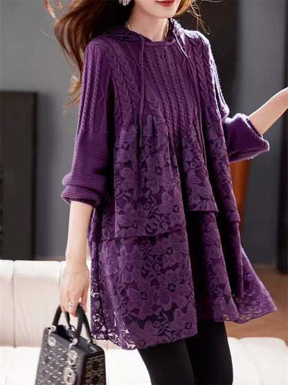 Women's Hooded Lace Trim Long Sleeve Sweater