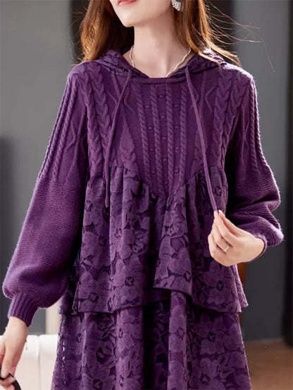 Women's Hooded Lace Trim Long Sleeve Sweater