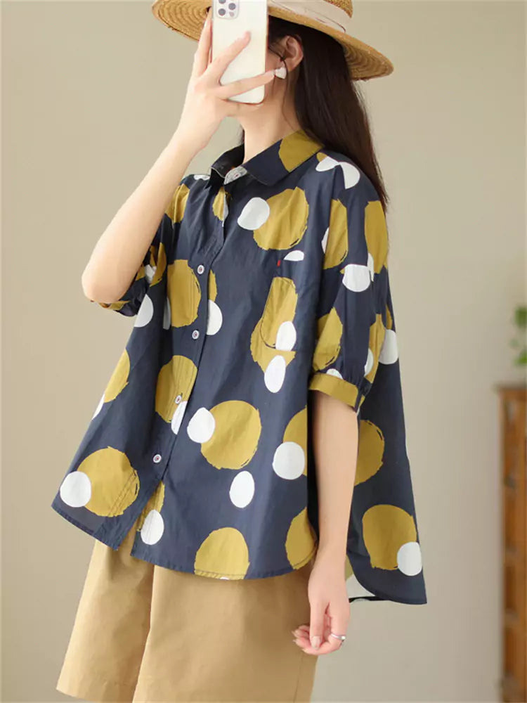 Damen-Kurzarmbluse im koreanischen Preppy-Stil mit gelben Punkten und Farbblock-Design.