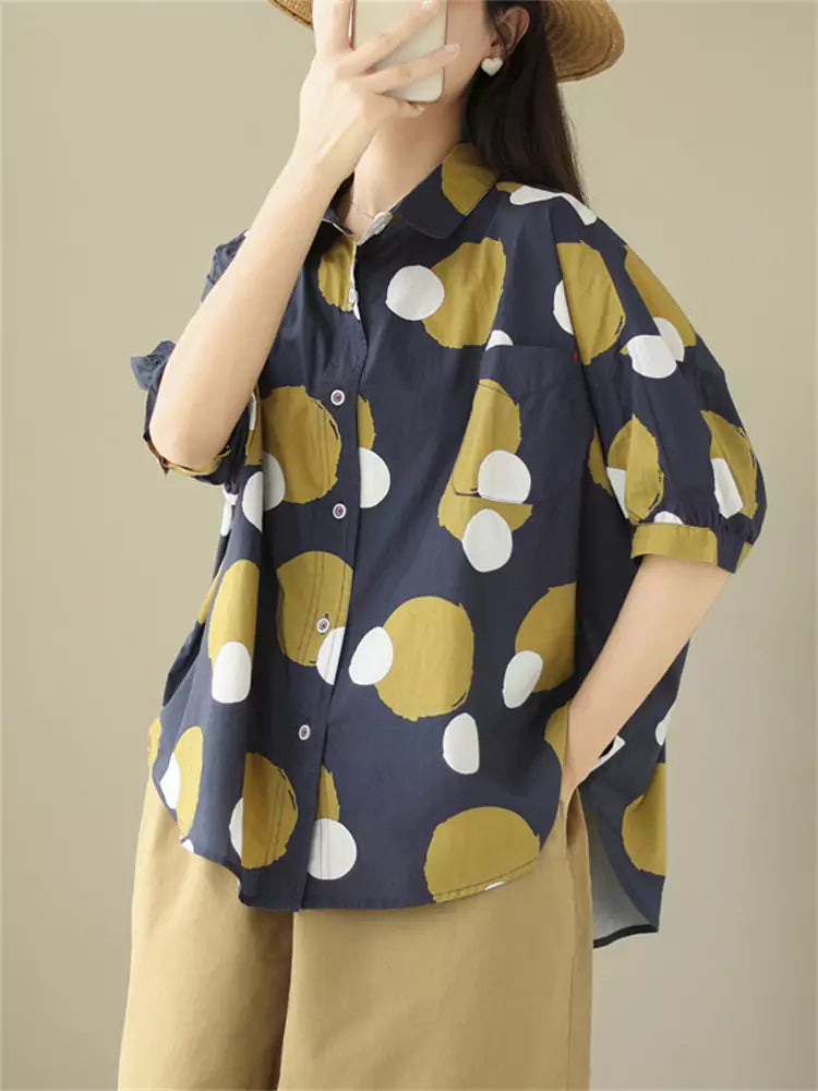 Damen-Kurzarmbluse im koreanischen Preppy-Stil mit gelben Punkten und Farbblock-Design.