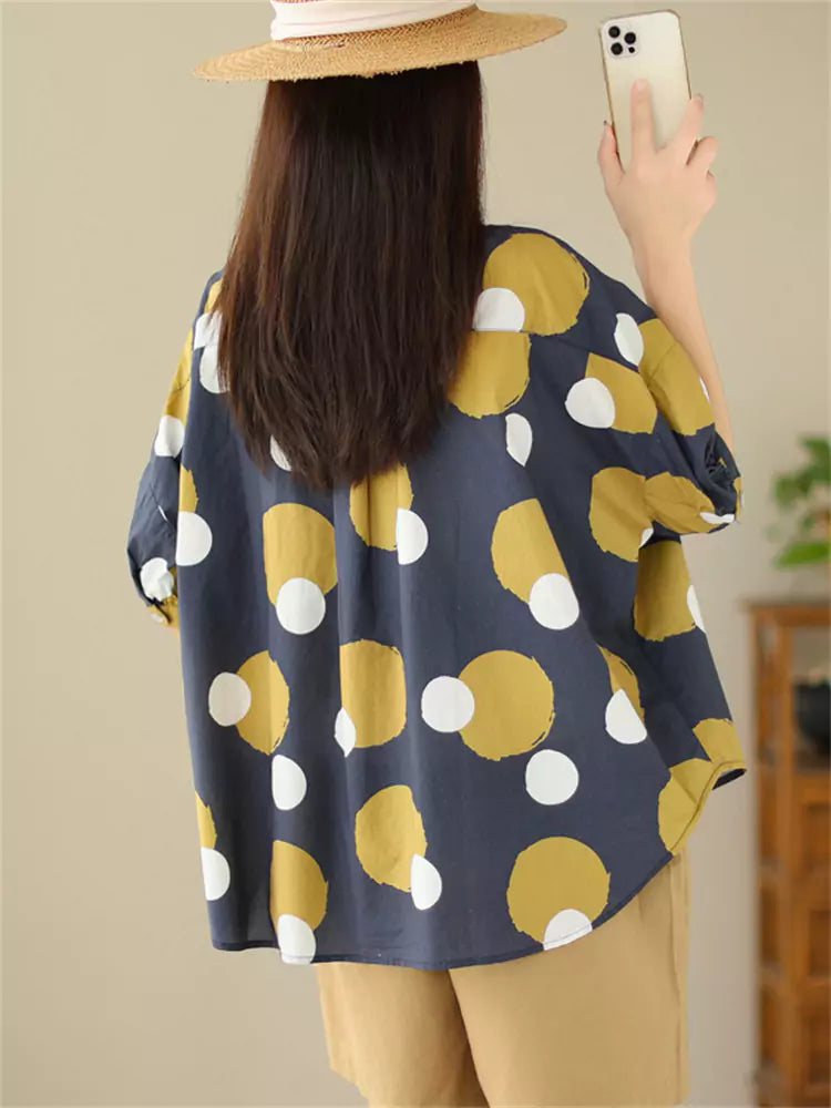 Damen-Kurzarmbluse im koreanischen Preppy-Stil mit gelben Punkten und Farbblock-Design.