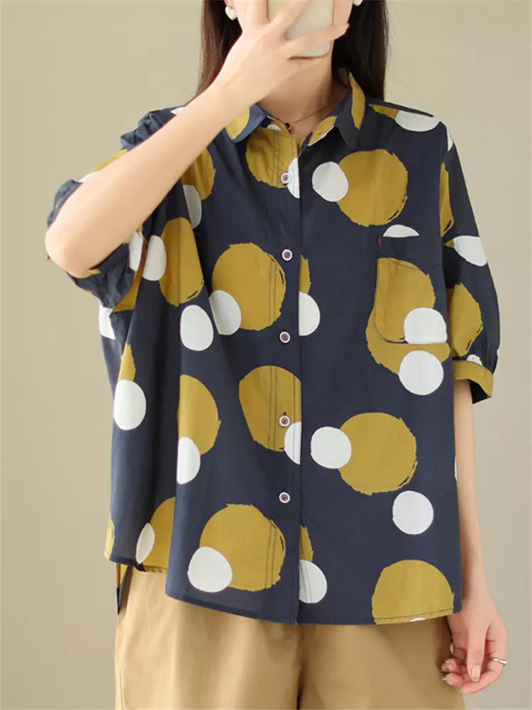 Damen-Kurzarmbluse im koreanischen Preppy-Stil mit gelben Punkten und Farbblock-Design.