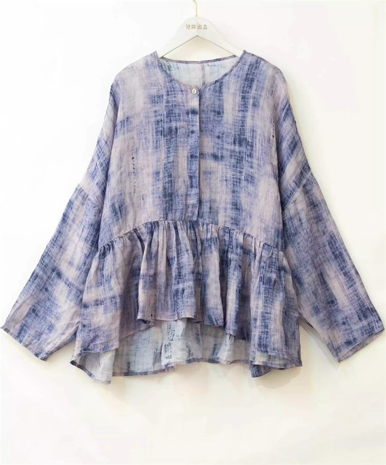 Women's Lightweight Cotton Linen Ruched Tie Dye Blouse Long Sleeve