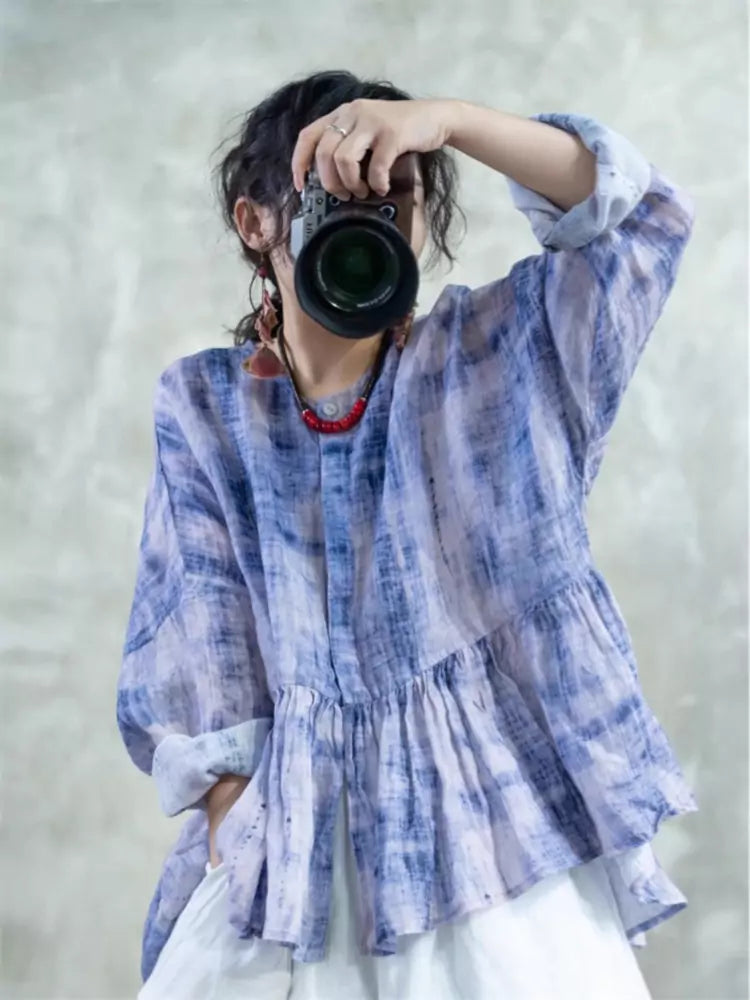 Women's Lightweight Cotton Linen Ruched Tie Dye Blouse Long Sleeve