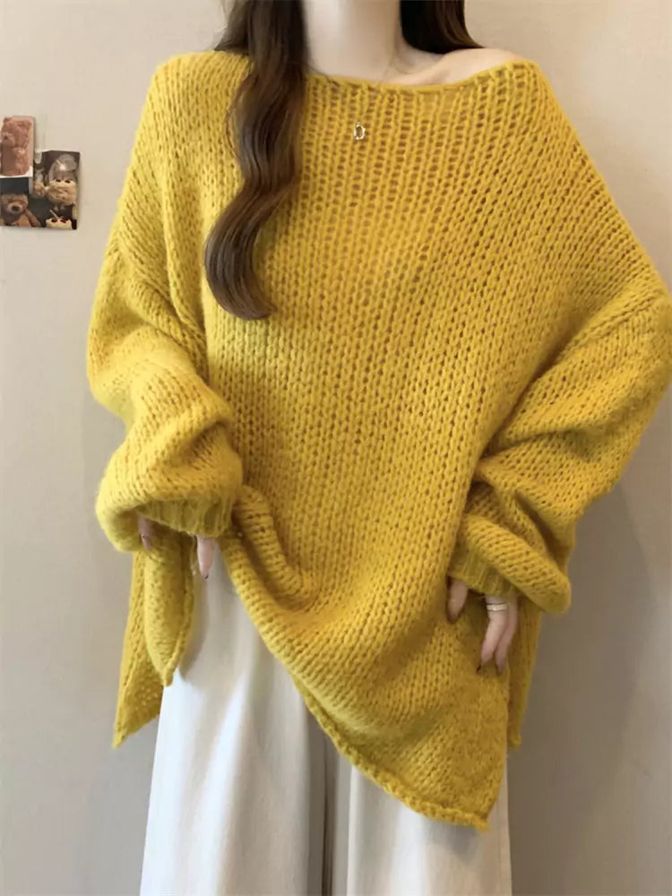 Gelber Oversize-Strickpullover für Damen