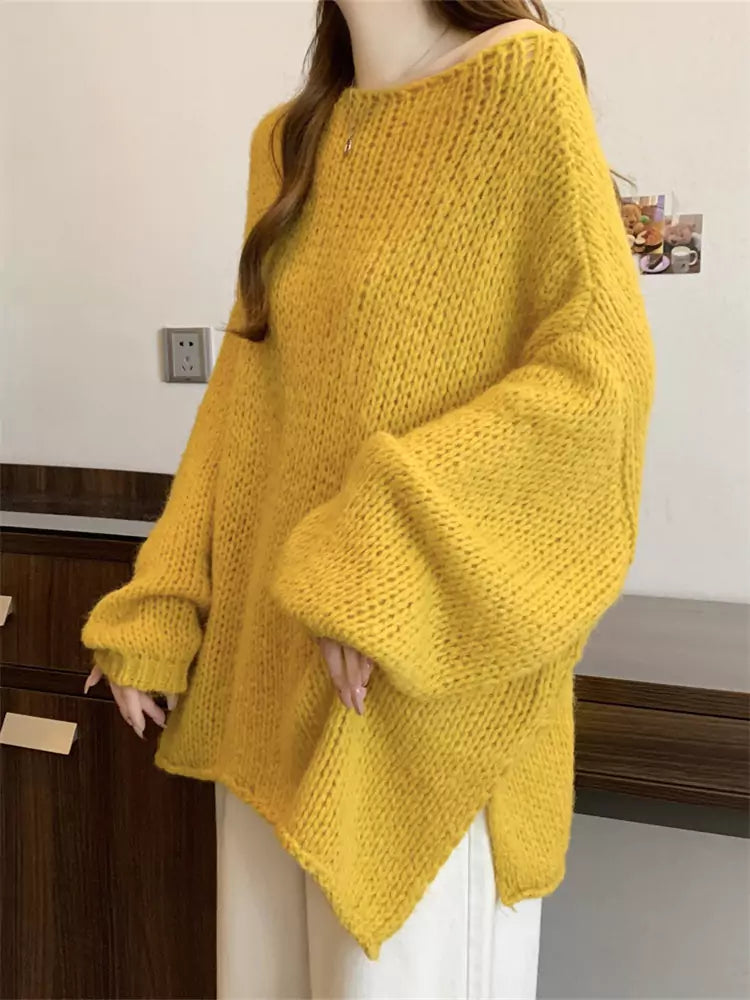 Gelber Oversize-Strickpullover für Damen