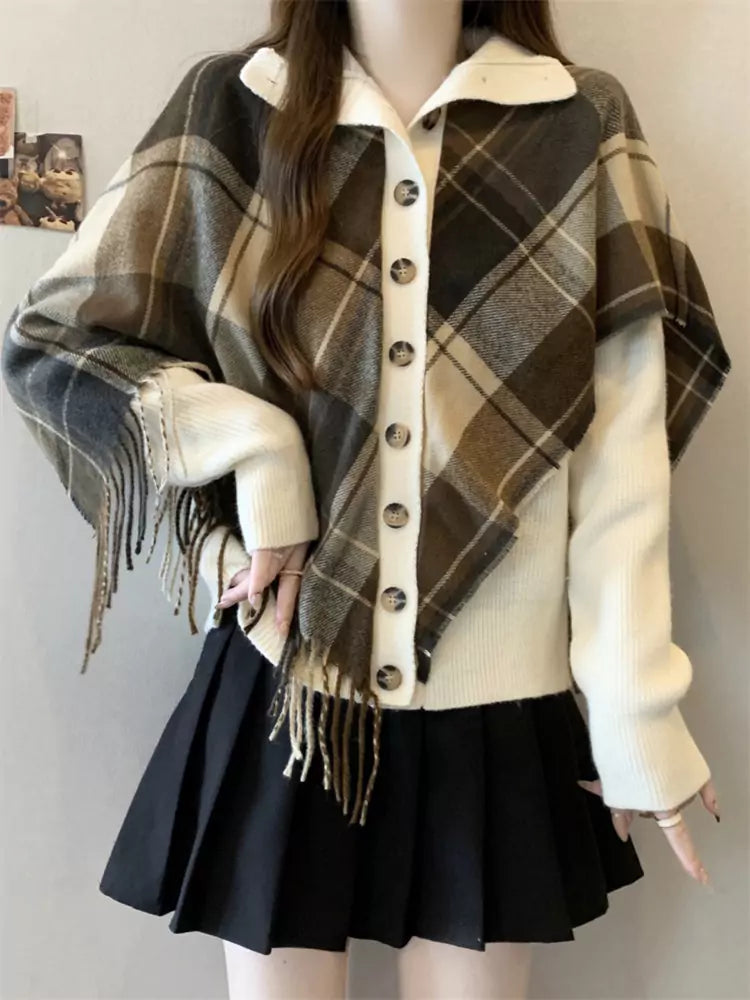 Women's Plaid Shawl Collar Irregular Hem Sweatshirt Fake Two Piece