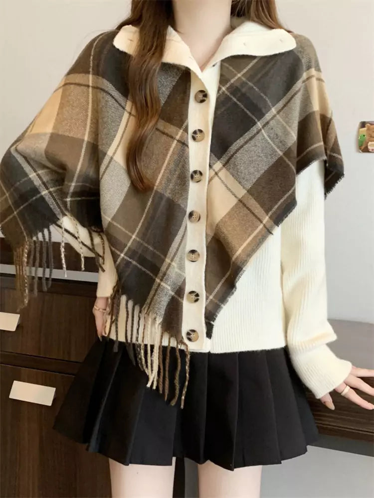 Women's Plaid Shawl Collar Irregular Hem Sweatshirt Fake Two Piece