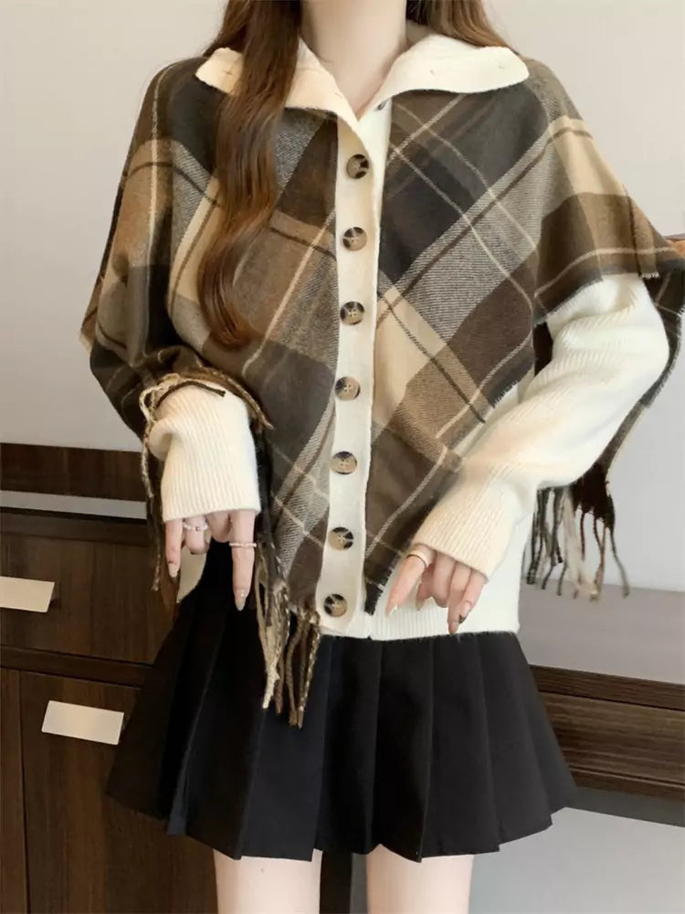 Women's Plaid Shawl Collar Irregular Hem Sweatshirt Fake Two Piece