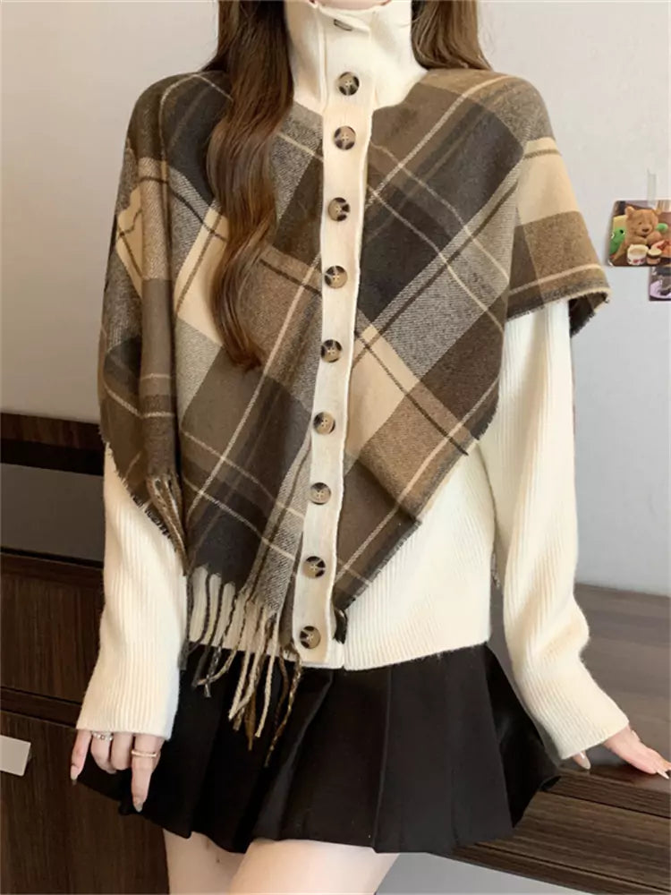 Women's Plaid Shawl Collar Irregular Hem Sweatshirt Fake Two Piece