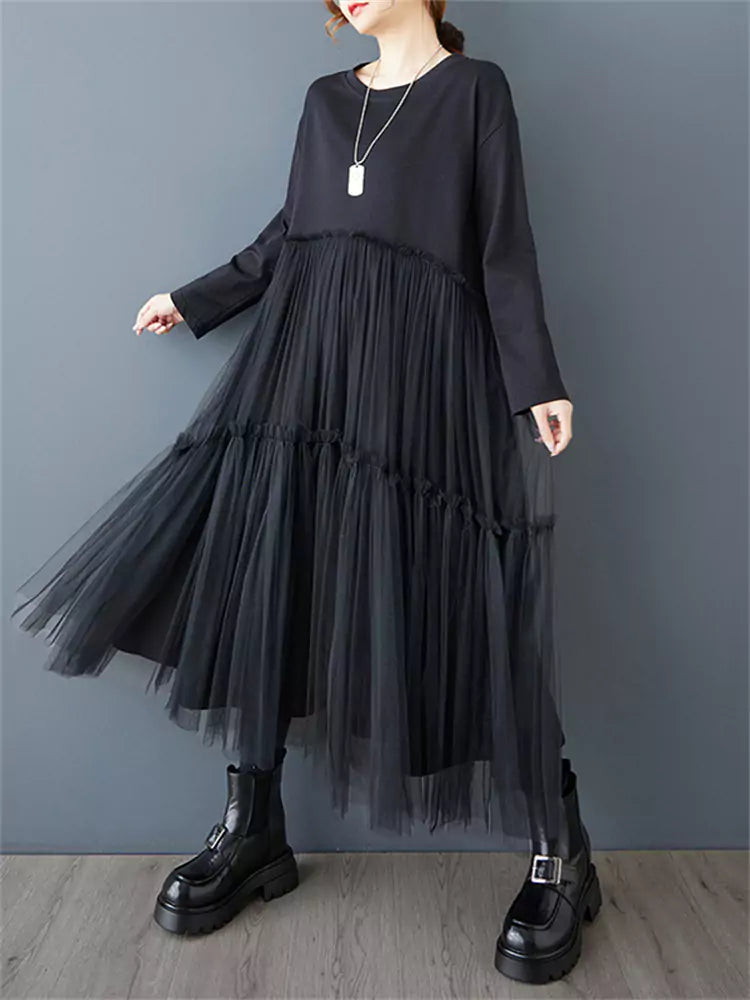 Women's Plus Size Dark Mesh Panel Tulle Midi Dress