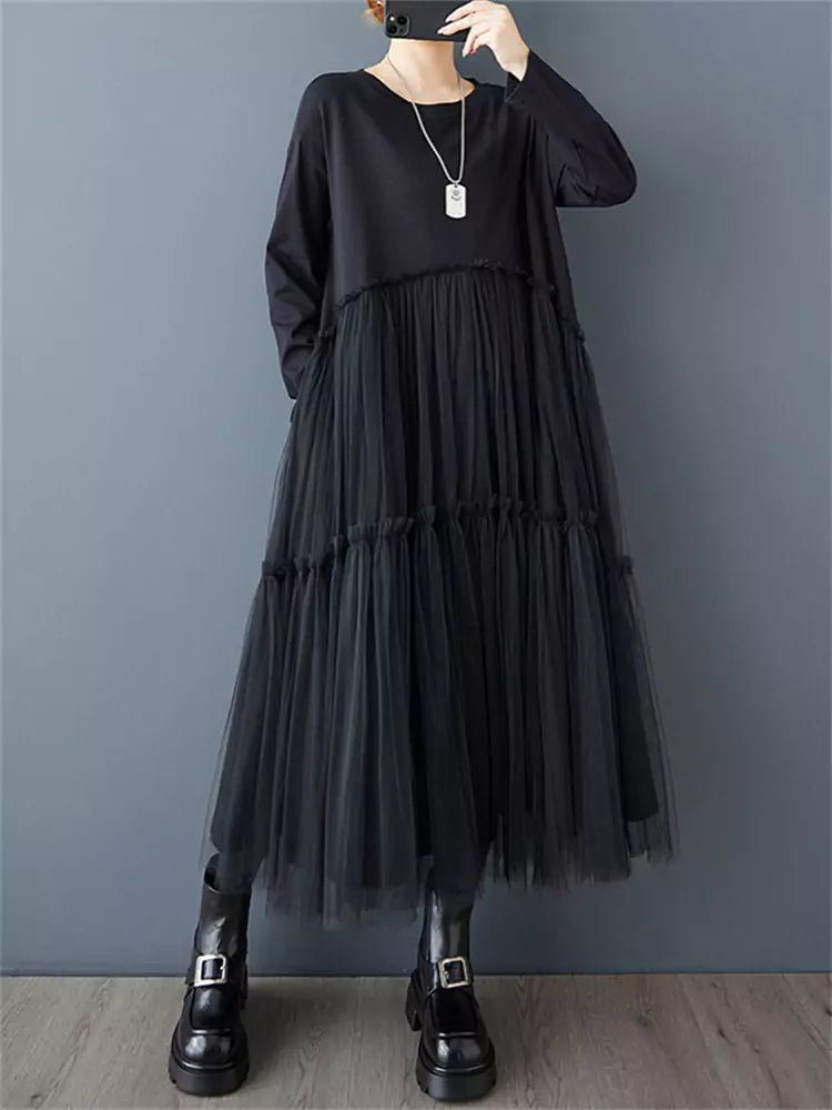 Women's Plus Size Dark Mesh Panel Tulle Midi Dress