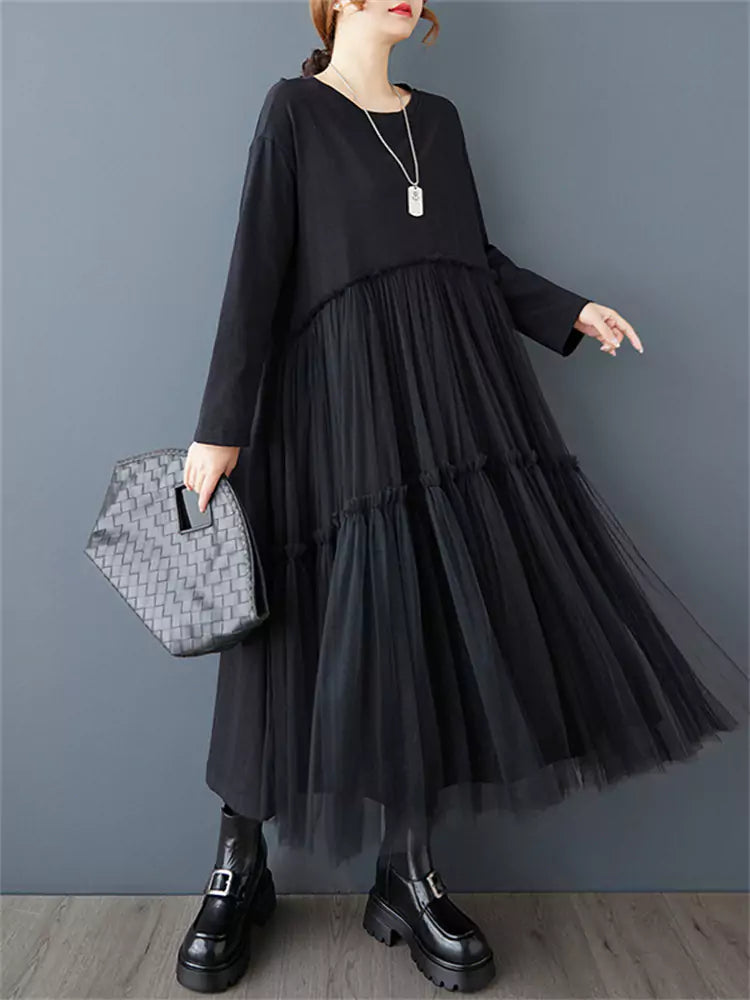 Women's Plus Size Dark Mesh Panel Tulle Midi Dress