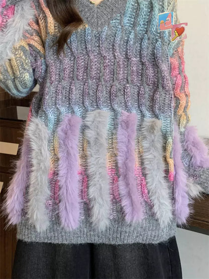 Suéter de cuello en V con degradado de arcoíris para mujer, talla grande