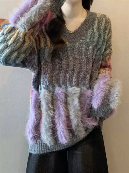 Suéter de cuello en V con degradado de arcoíris para mujer, talla grande