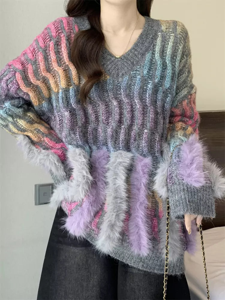 Women's Plus Size Rainbow Gradient V-Neck Sweater