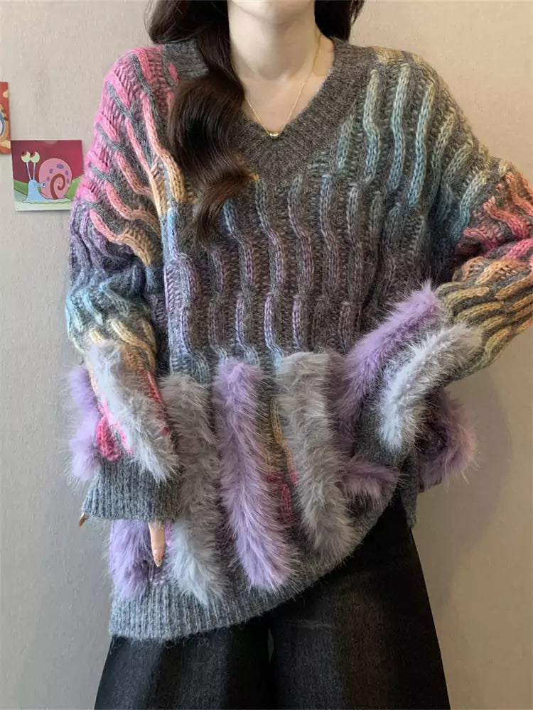 Women's Plus Size Rainbow Gradient V-Neck Sweater