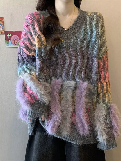 Suéter de cuello en V con degradado de arcoíris para mujer, talla grande