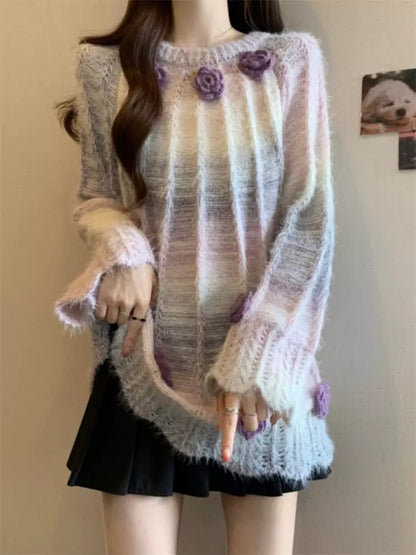 Suéter floral rosa degradado con diseño único de talla grande para mujer