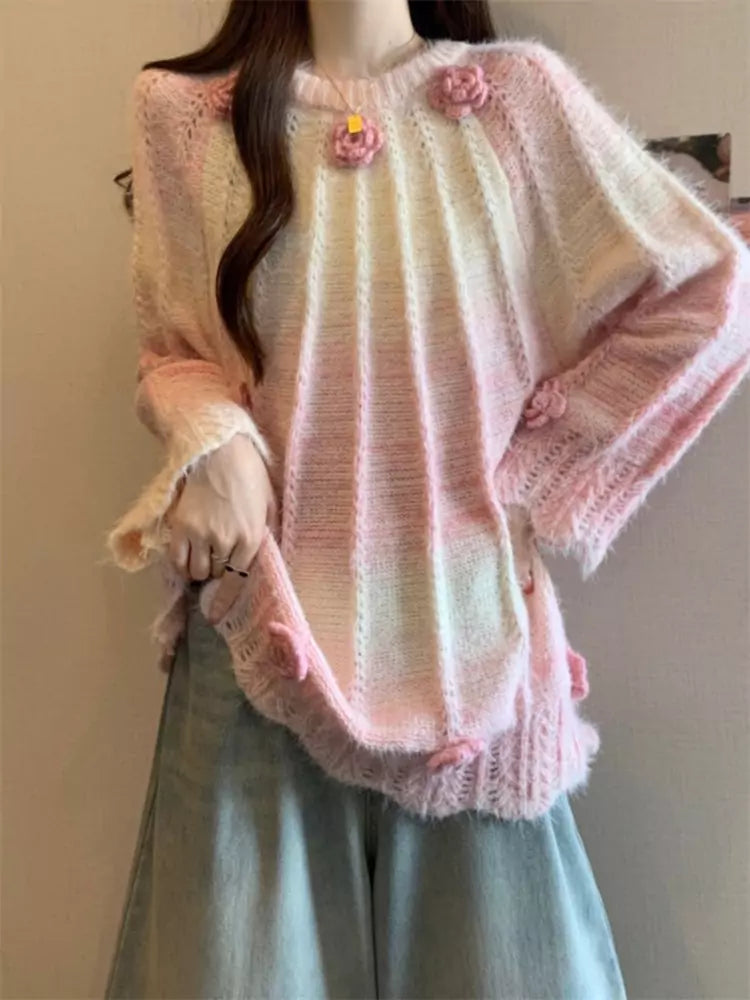 Women's Plus Size Unique Design Gradient Pink Floral Sweater