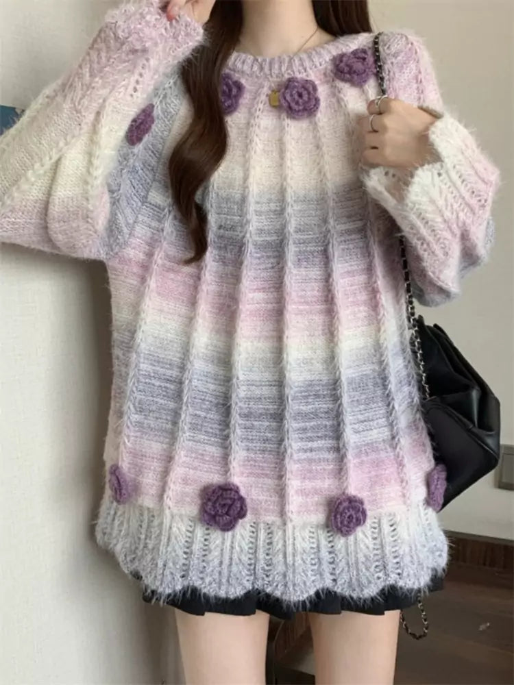 Women's Plus Size Unique Design Gradient Pink Floral Sweater