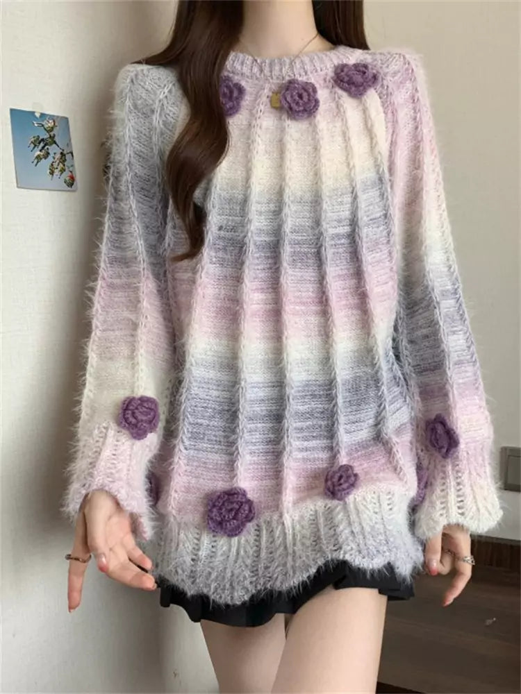 Women's Plus Size Unique Design Gradient Pink Floral Sweater