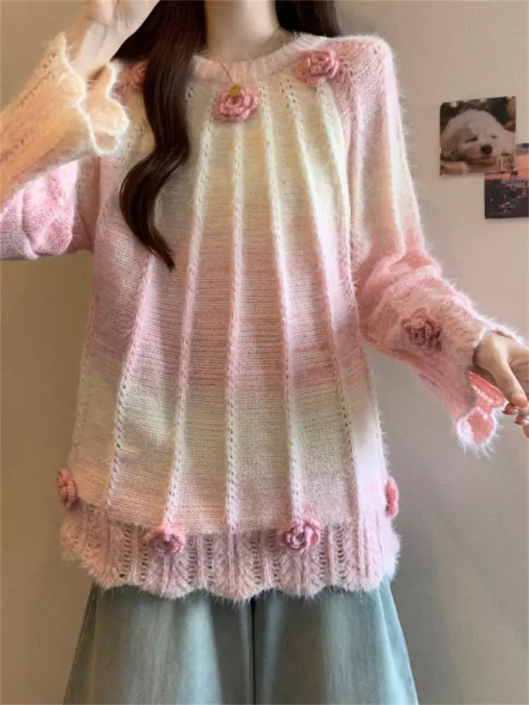 Women's Plus Size Unique Design Gradient Pink Floral Sweater