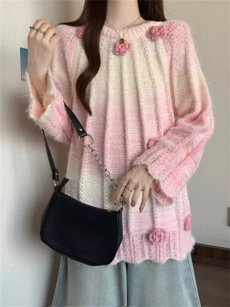 Women's Plus Size Unique Design Gradient Pink Floral Sweater