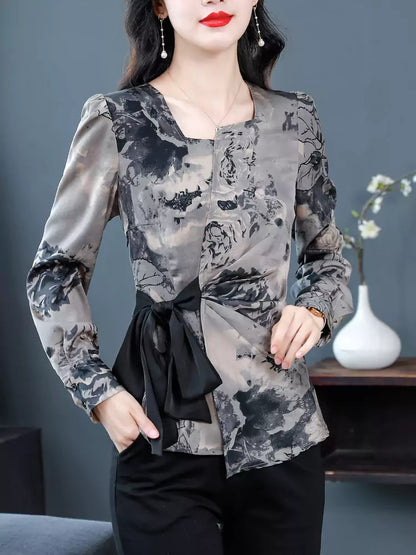 Women's Retro Chic Asymmetrical Chiffon Top with Waist Tie