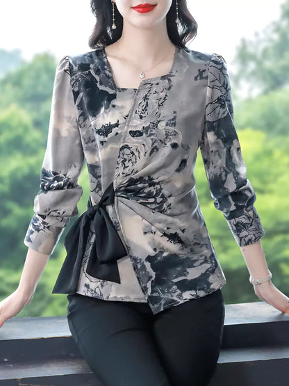 Women's Retro Chic Asymmetrical Chiffon Top with Waist Tie