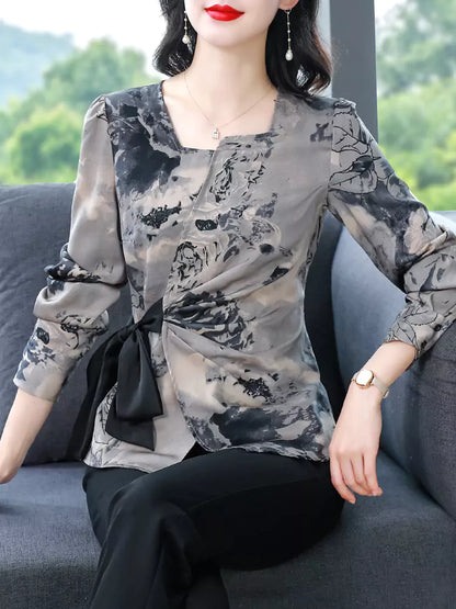 Women's Retro Chic Asymmetrical Chiffon Top with Waist Tie