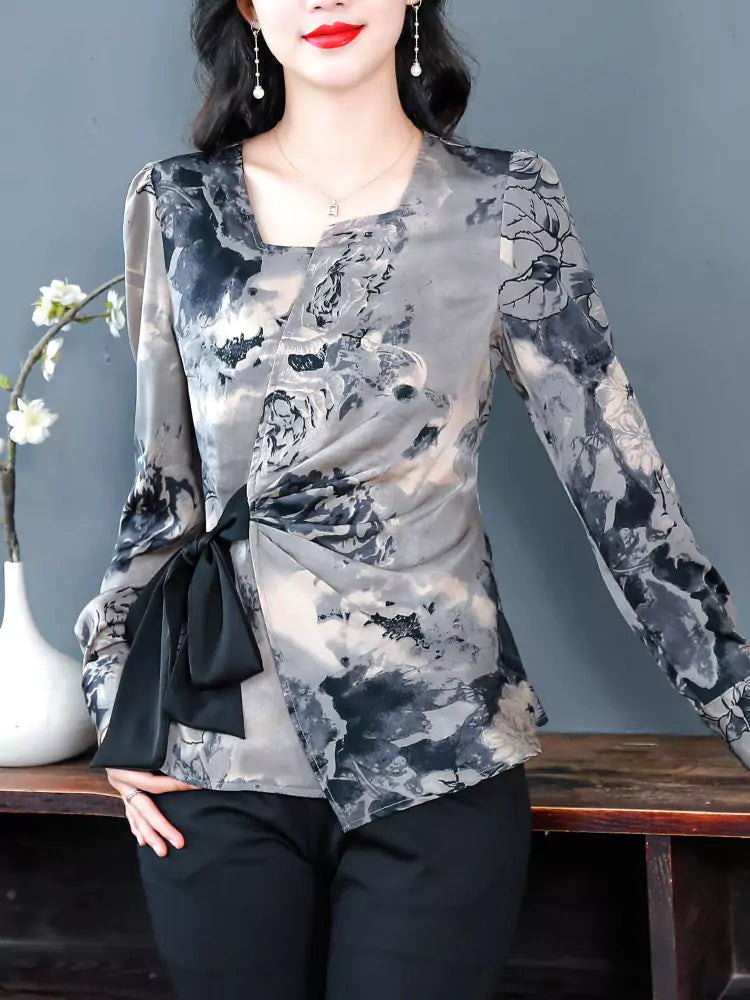 Women's Retro Chic Asymmetrical Chiffon Top with Waist Tie