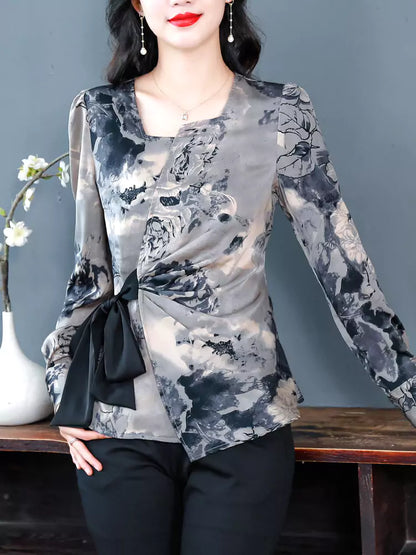 Women's Retro Chic Asymmetrical Chiffon Top with Waist Tie