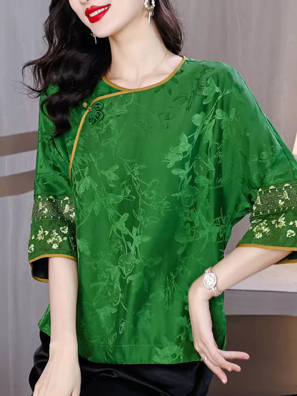 Damenbluse im Retro-Stil im chinesischen Stil, grüner Jacquard, lockere Passform