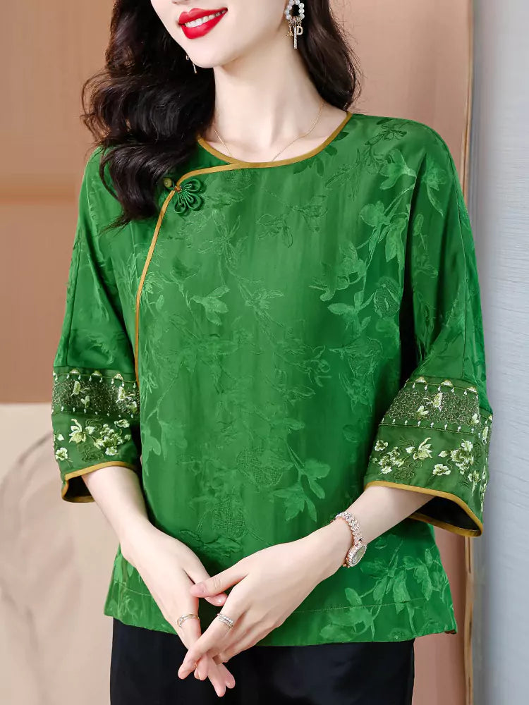 Damenbluse im Retro-Stil im chinesischen Stil, grüner Jacquard, lockere Passform