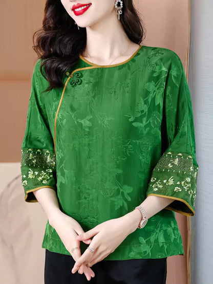 Damenbluse im Retro-Stil im chinesischen Stil, grüner Jacquard, lockere Passform