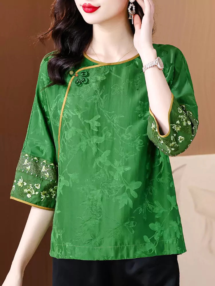 Damenbluse im Retro-Stil im chinesischen Stil, grüner Jacquard, lockere Passform