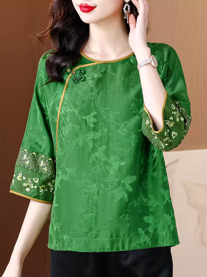 Damenbluse im Retro-Stil im chinesischen Stil, grüner Jacquard, lockere Passform