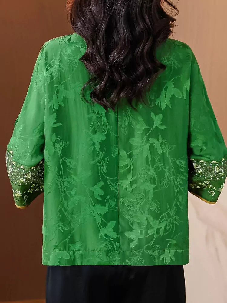 Damenbluse im Retro-Stil im chinesischen Stil, grüner Jacquard, lockere Passform