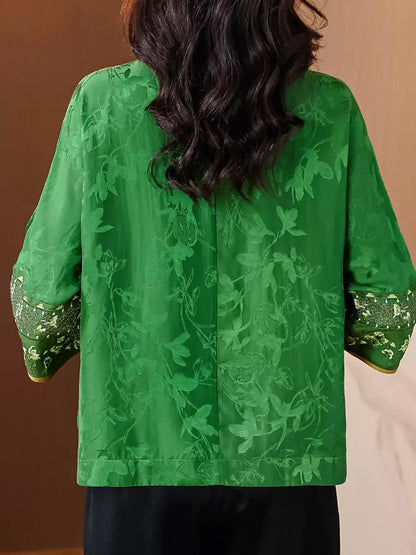 Damenbluse im Retro-Stil im chinesischen Stil, grüner Jacquard, lockere Passform