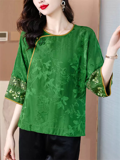 Damenbluse im Retro-Stil im chinesischen Stil, grüner Jacquard, lockere Passform