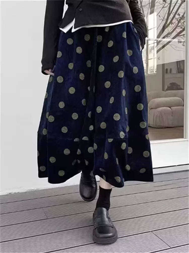 Women's Retro Corduroy Polka Dot Flared Skirt