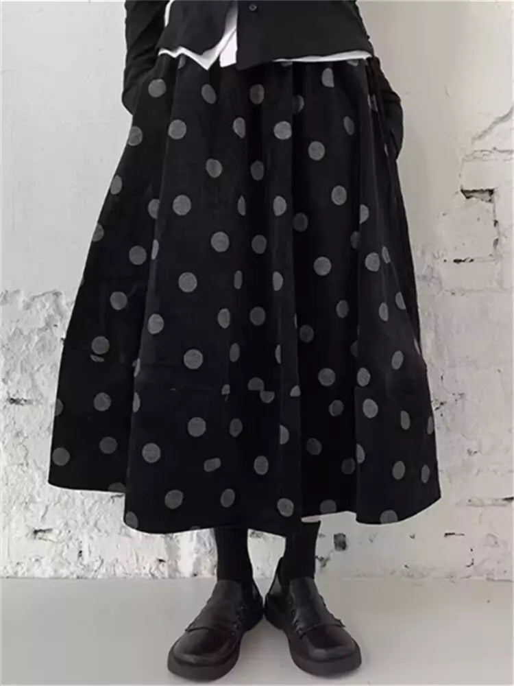 Women's Retro Corduroy Polka Dot Flared Skirt