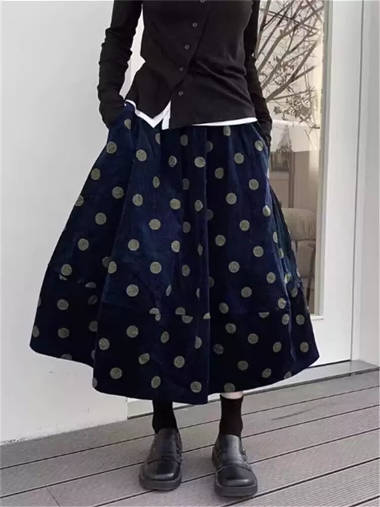 Women's Retro Corduroy Polka Dot Flared Skirt