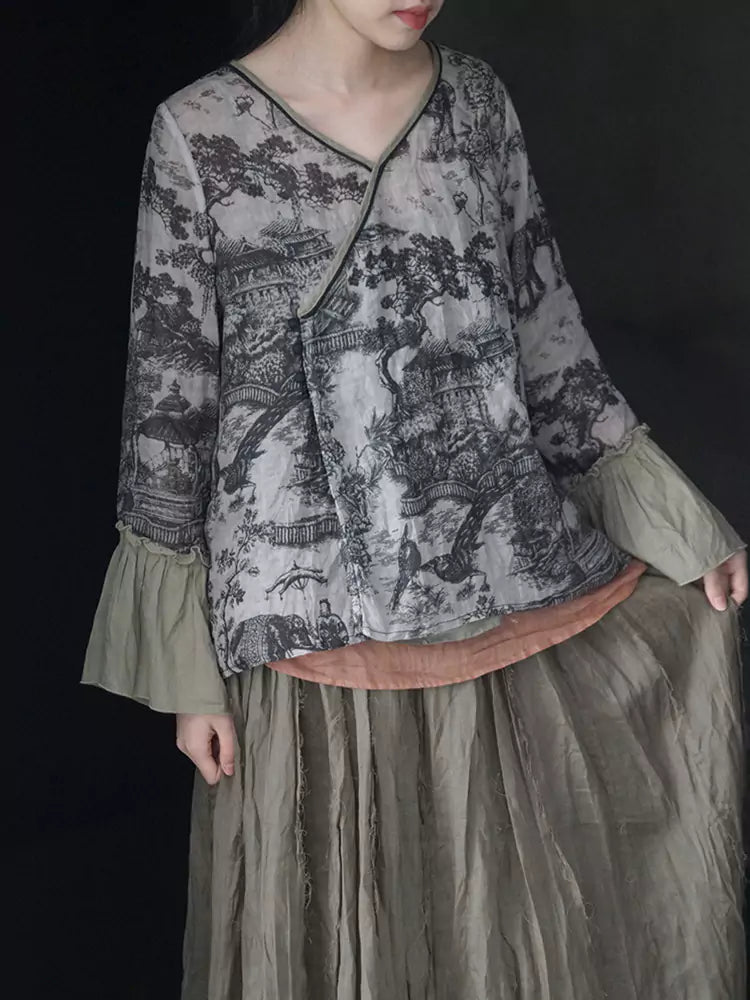 Women's Retro Cotton Linen Printed Bell Sleeve Blouse Summer