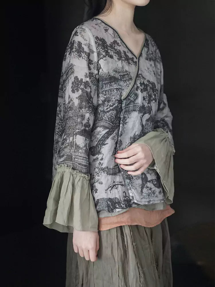 Women's Retro Cotton Linen Printed Bell Sleeve Blouse Summer