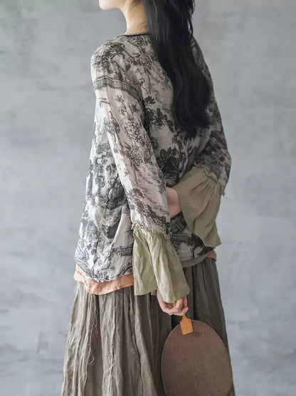 Retro-Bluse aus Baumwoll-Leinen-Mischgewebe mit Print und Glockenärmeln für Damen – Sommer
