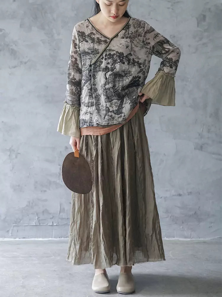 Women's Retro Cotton Linen Printed Bell Sleeve Blouse Summer