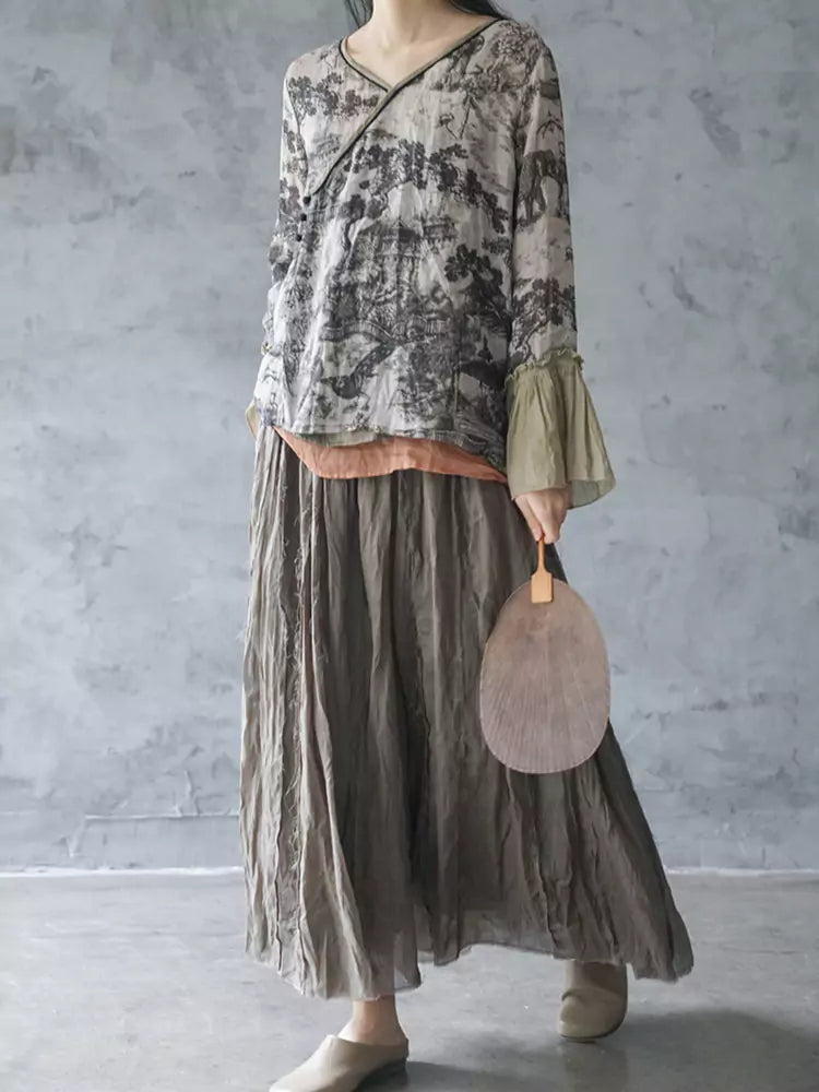 Women's Retro Cotton Linen Printed Bell Sleeve Blouse Summer